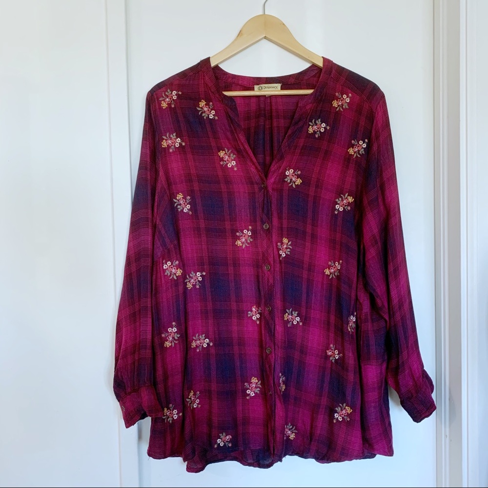 Democracy floral embroidered plaid button down